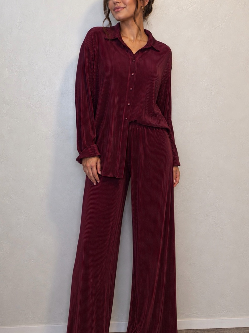 Wide-Leg Velvet Pants Set - Burgundy